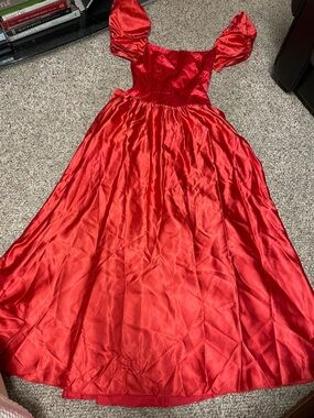 Vintage 80s Red Satin Puff-Sleeve giant bow back ball gown formal Dress